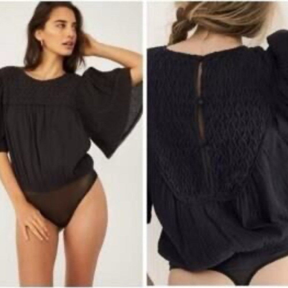 Free People Solstice Textured boho flutter sleeve Black bodysuit XS